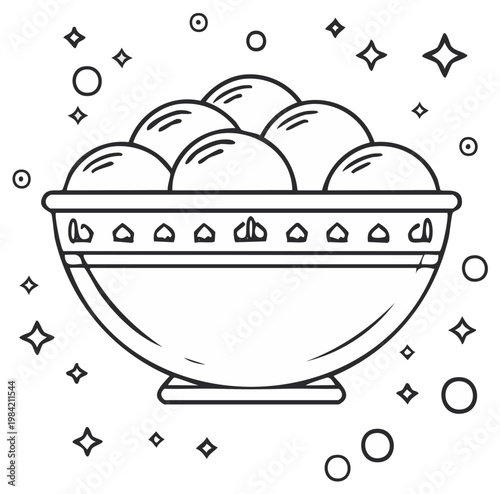 Festive bowl of traditional sweet dumplings line art illustration for coloring book page