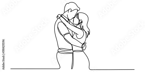 A beautiful continuous line drawing featuring a romantic couple embracing with deep affection. Vector, illustration