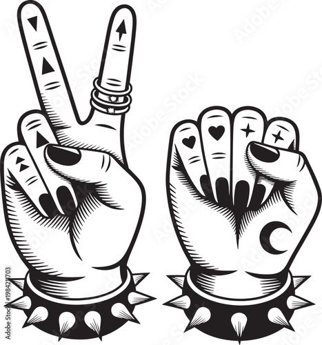 Goth punk hand gestures, peace sign and fist, adorned with rings and spiked bracelets, bold style