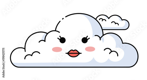 Whimsical cartoon cloud character features a friendly face with rosy cheeks and bright red lips on a white and light blue fluffy body.
