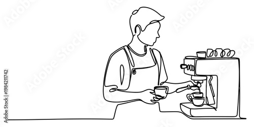 A continuous line drawing of a barista preparing a fresh cup of coffee in a modern coffee machine Vector, illustration