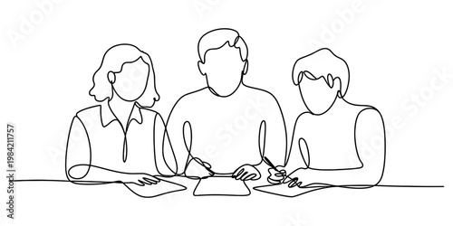 A continuous line drawing depicting three people working together at a table on a shared project Vector, illustration