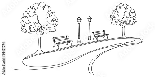 A simple continuous line drawing of a peaceful public park scene with two benches and lampposts Vector, illustration