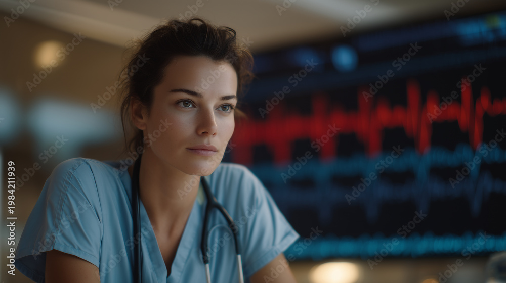 Fototapeta premium ICU monitoring station at predawn hours displaying an AI sepsis early warning algorithm, red threshold indicators pulsing on a dark interface, nurse leaning forward with focused urgency, IV drip sof