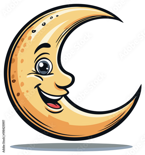 Whimsical yellow crescent moon character with a big joyful smile and friendly face in cartoon style