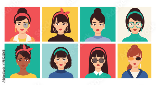 Diverse collection of eight female avatars in a grid each featuring unique hairstyles accessories and ethnic backgrounds.