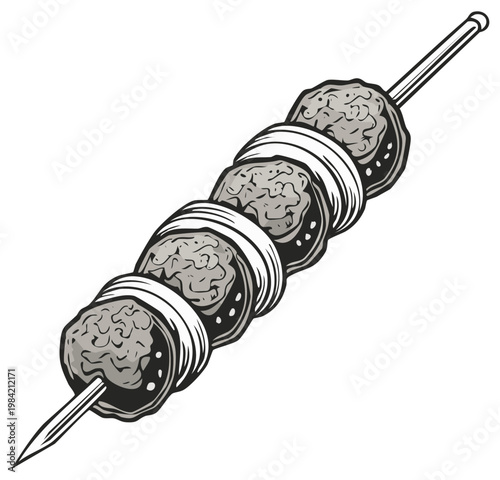Classic illustration of a delicious meatball and onion skewer ready for grilling or serving
