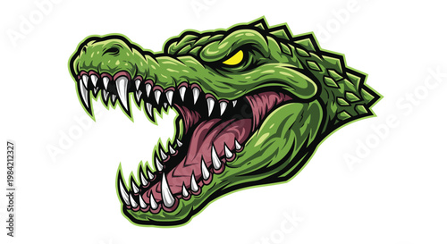 Highly aggressive alligator head mascot illustration, displaying its mouth wide open, revealing formidable sharp teeth and a menacing snarl.