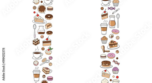 Decorative vertical borders composed of tiny dessert and coffee illustrations including cakes donuts muffins and cups.