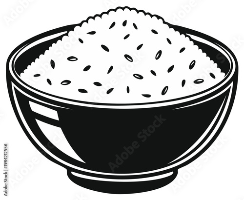 Black Bowl Full of White Rice Grains Illustration Vector Icon Symbol