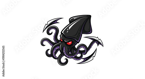 Menacing illustration of a black squid, featuring glowing red eyes and sharp, blade-like tentacles, conveying a powerful and evil presence.