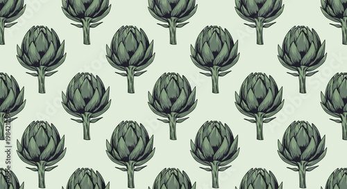 Seamless pattern of green artichoke vegetables arranged in rows on a pale light green background for kitchen decor.