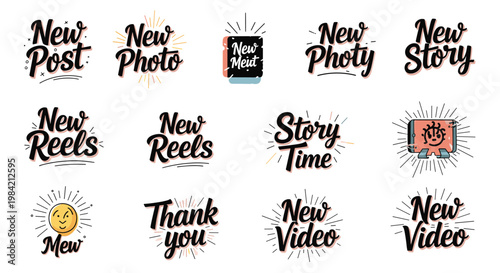 Large collection of social media notification stickers with sunbursts and pastel colors including new post reels and video.