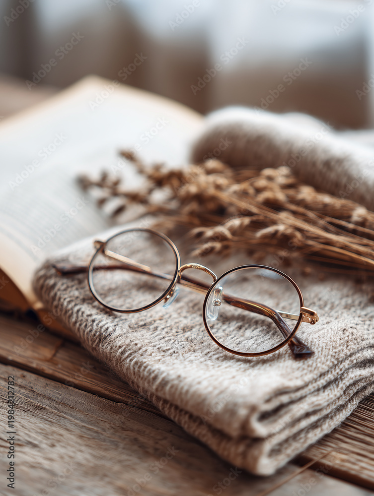 Fototapeta premium Cozy still life of vintage round eyeglasses resting on a knitted blanket with open book and dried flowers.