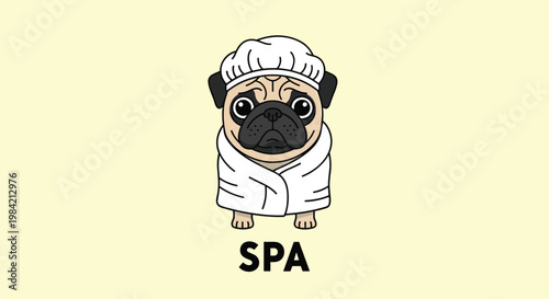 Cute cartoon pug dog wearing a white shower cap and a towel robe with the word spa below on a light yellow background.