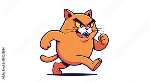 Angry orange cartoon cat running fast with a determined expression and clenched fists on a white background.