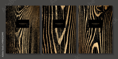 Set of golden wooden templates. Luxury golden background with wood annual rings texture. Stamp of tree trunk in section. Dry wood texture with cracks. Zebra pattern