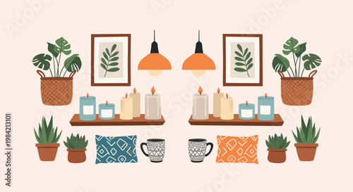 Collection of cozy home interior elements including potted plants candles lamps pillows and wall art in a boho style.