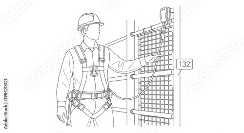 Man in safety harness operating electrical panel.