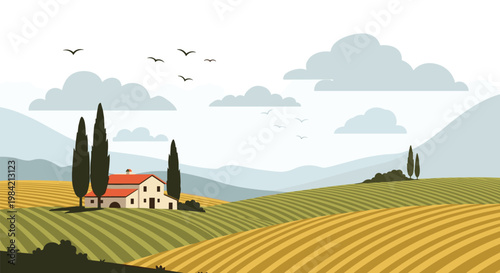 Peaceful rural landscape illustration with rolling hills a farmhouse cypress trees and birds flying under clouds.