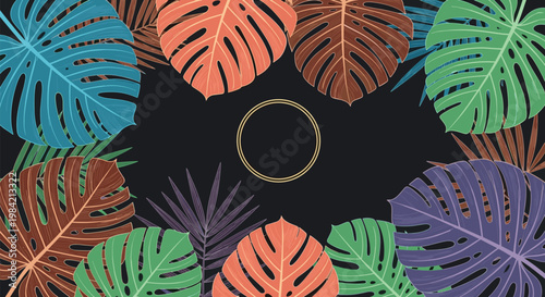 Vibrant tropical monstera and palm leaves in various colors surrounding a central gold circle on a dark background.