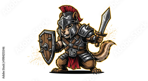 Adorable yet fierce squirrel warrior illustration, depicted in full medieval armor, complete with a helmet, a spiked shield, and a sharp sword.