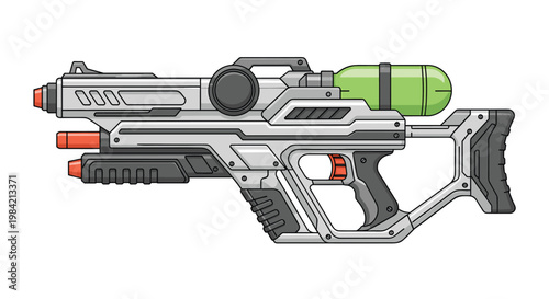Futuristic sci-fi water gun or blaster design with a green fluid tank and various technical details on a white background.