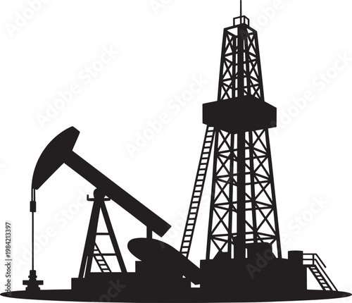 Silhouette of oil drilling rig and pumpjack at industrial site on transparent background