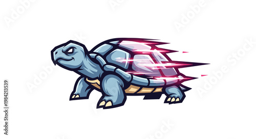Dynamic illustration of a swift blue tortoise, featuring a sleek, reflective shell and energetic speed lines, conveying rapid movement.