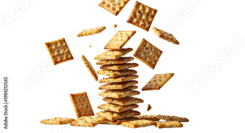 Falling stack of crispy whole grain crackers with seeds isolated on transparent background. Symphony of healthy snack crackers levitating in mid-air perfect for marketing and promotions.