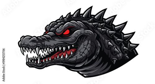 Menacing black alligator head mascot illustration, adorned with sharp spikes and featuring intense glowing red eyes with a fierce expression.