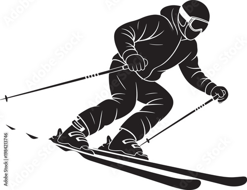 Professional skier carving through snow silhouette in dynamic action pose vector graphic element