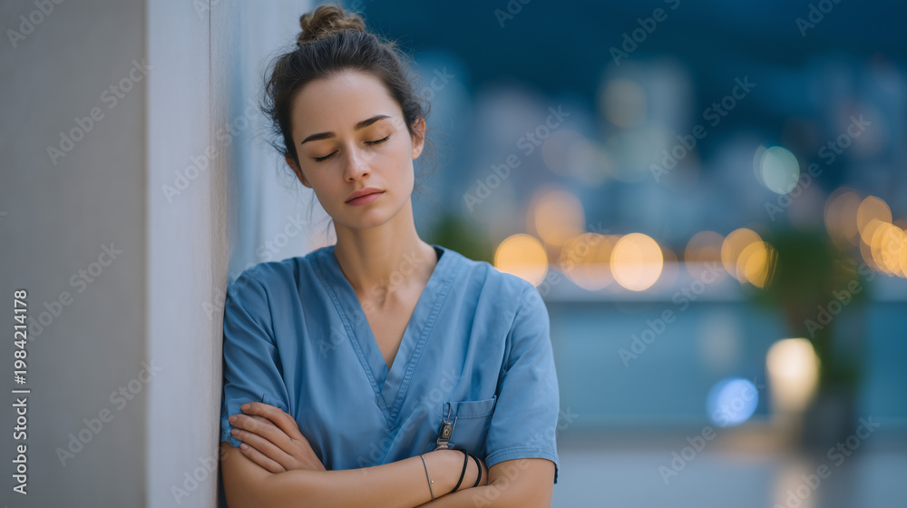 Fototapeta premium Caregiver leaning exhausted against hospital exterior wall on smoke break they are not taking, both arms crossed, eyes closed, ambulance bay quiet beyond them, night sky above urban skyline, ideal f