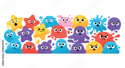 Long horizontal border featuring many colorful blob monsters with diverse facial expressions and various shapes.