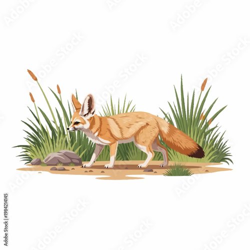 Fennec fox illustration walking through desert grass and reeds on a sandy path, side view of a kit fox with large ears and a bushy tail, isolated on a white background.