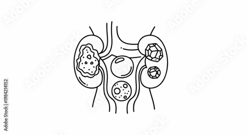 Medical illustration of human kidneys with stones and abnormal structures