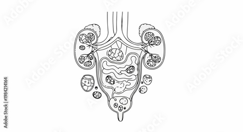 Medical illustration of a kidney nephron with glomerulus and tubules
