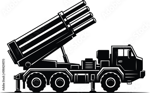 A black and white drawing of a truck with a rocket launcher