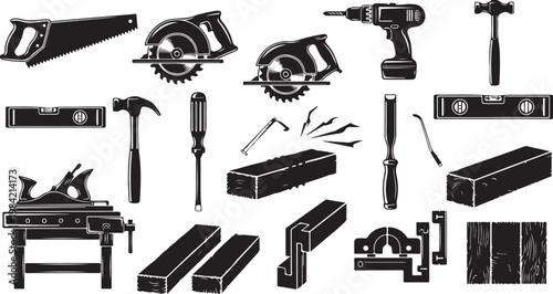 Collection of various carpentry tools and equipment
