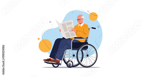 Senior man sitting in a wheelchair and reading a newspaper against a soft blue abstract background.