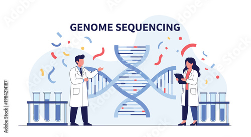 Two scientists in lab coats working on genome sequencing with a large DNA double helix and laboratory equipment.