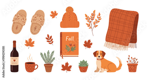 Collection of cozy autumn themed items including a book, slippers, knitted hat, wine, hot cocoa, falling leaves, and a cute dog.