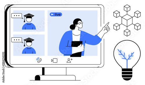 E-learning, virtual teaching, education technology, online collaboration, remote learning, digital ideas. A teacher pointing while students appear on a screen. E-learning and virtual teaching concept
