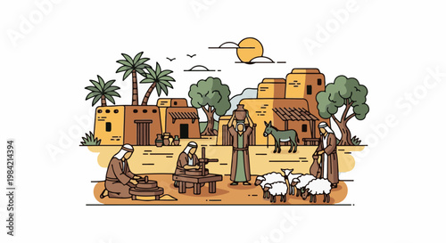 Middle Eastern village scene depicting daily life with people, animals, and buildings