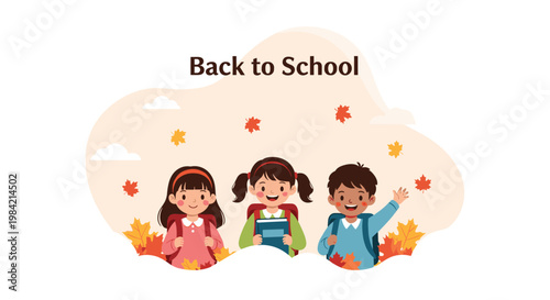 Three diverse children with backpacks ready for school in an autumn setting with falling leaves and the text Back to School.