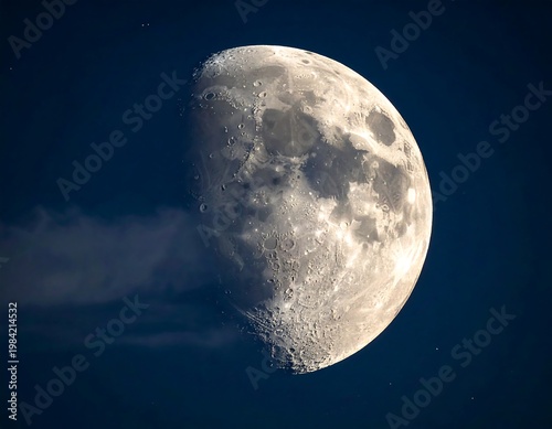 Waning moon against deep blue sky with whispy cloud bottom left