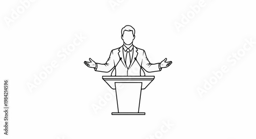 Man in suit speaks at podium with arms outstretched