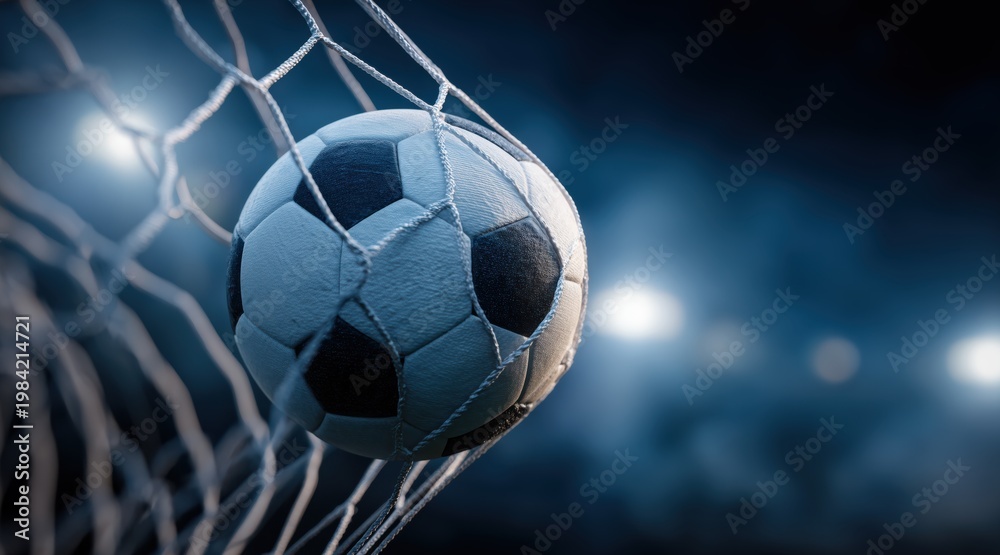 Fototapeta premium Soccer ball hitting back of net in stadium under bright lights
