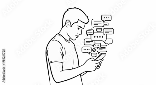 Man looking at phone with many speech bubbles, conveying communication