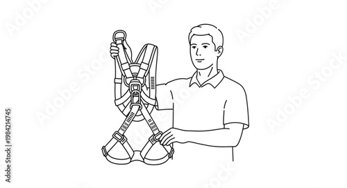 Man holding safety harness, ready for construction work or climbing.